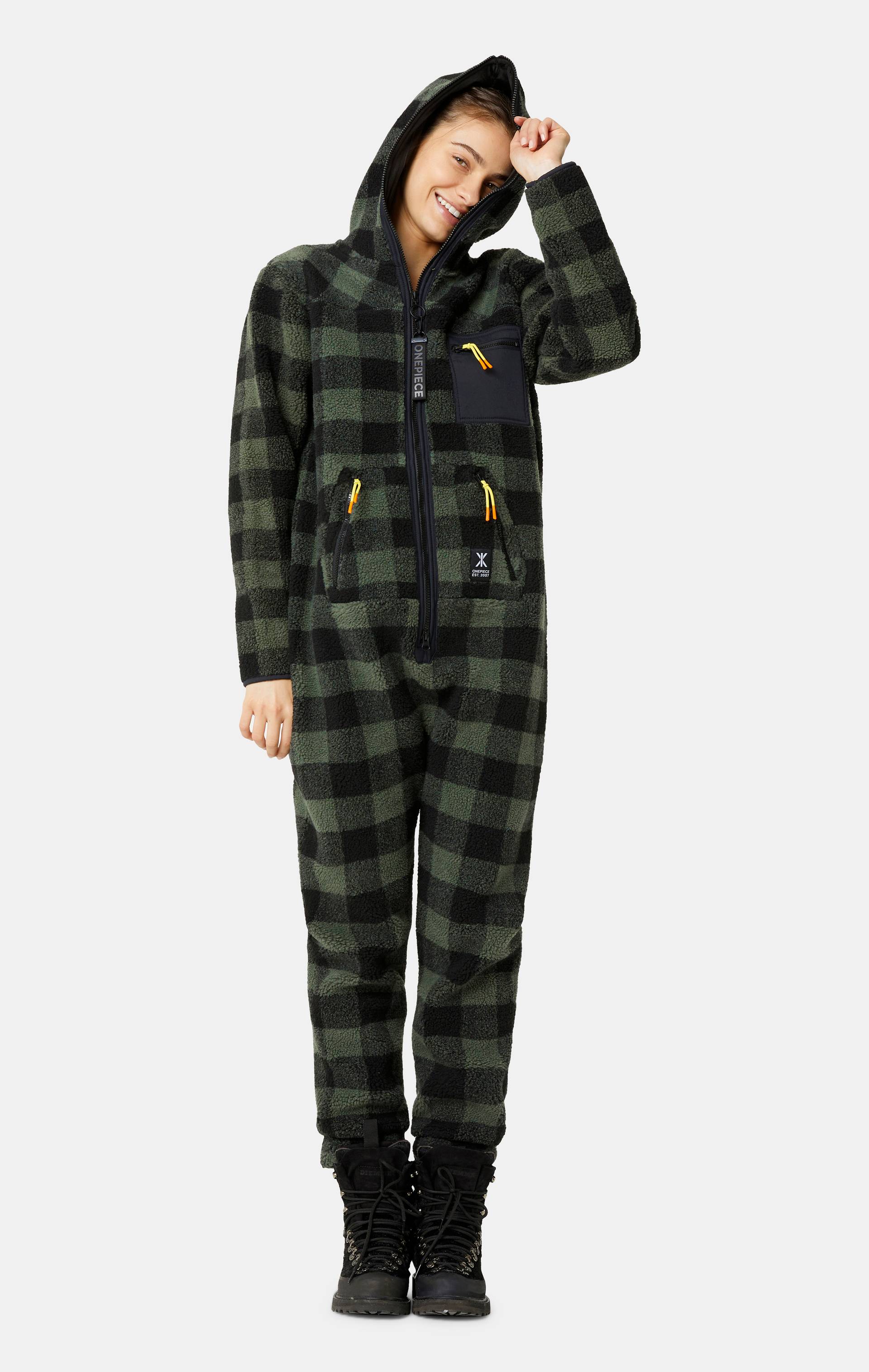 Onepiece Checkered Fleece Jumpsuit Green - 13