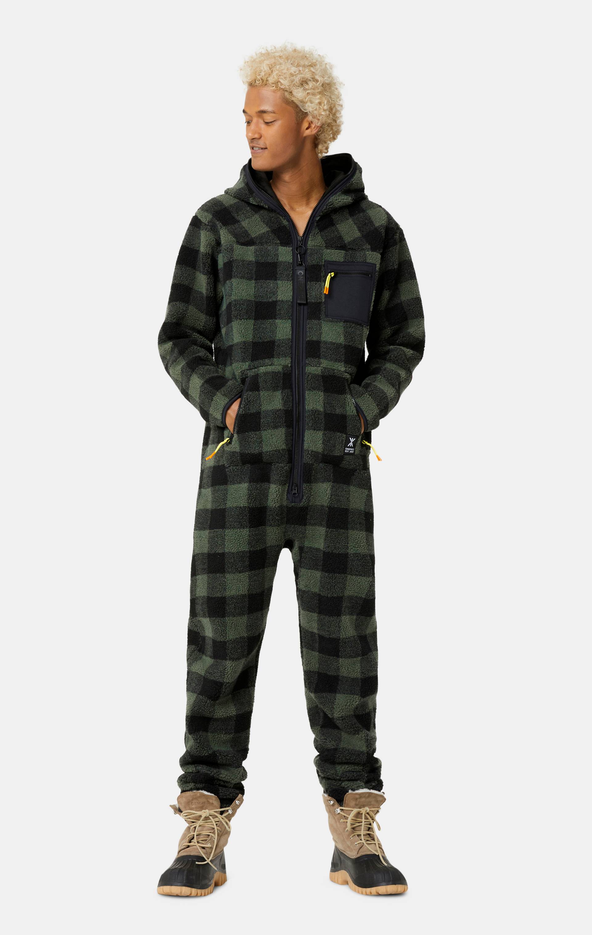 Onepiece Checkered Fleece Jumpsuit Green - 3