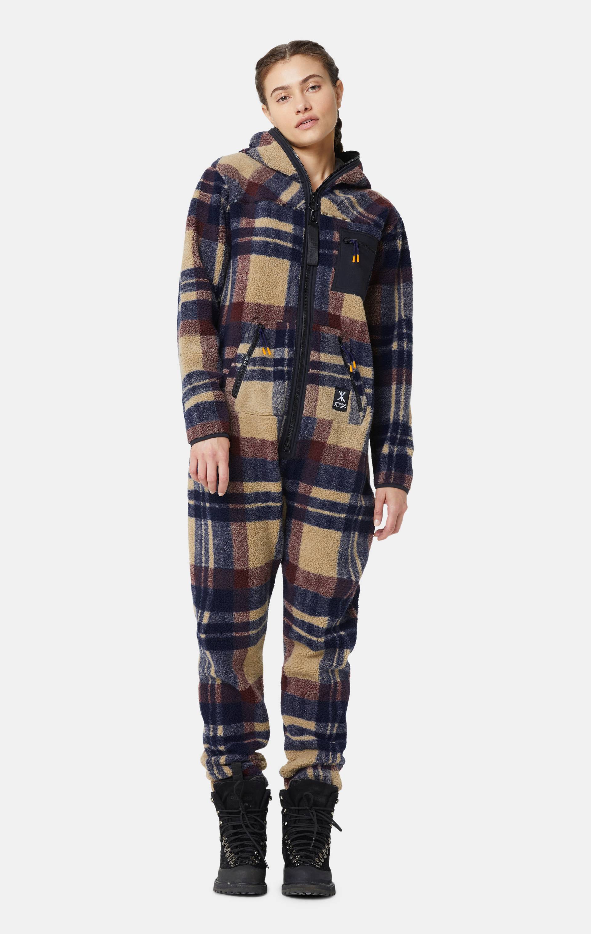 Onepiece Checkered Fleece Jumpsuit Brown - 7