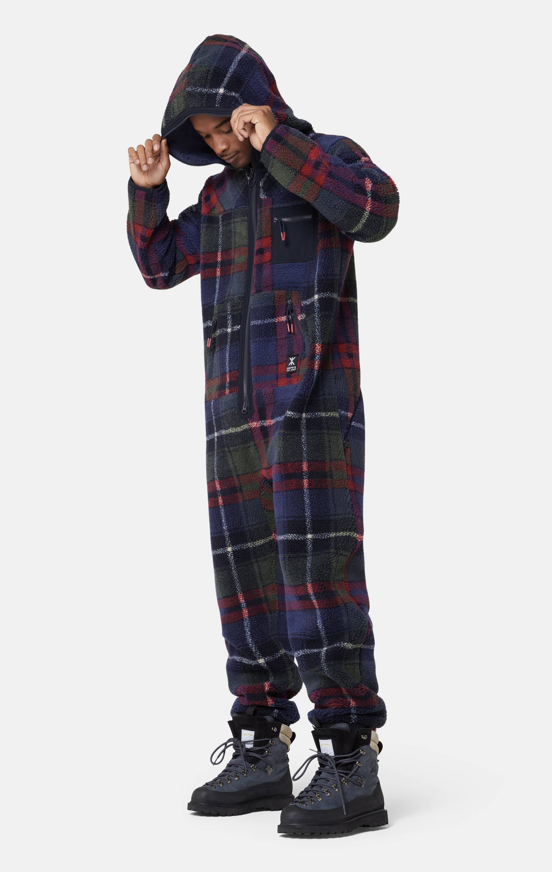Onepiece Checkered Fleece Jumpsuit Blue - 6