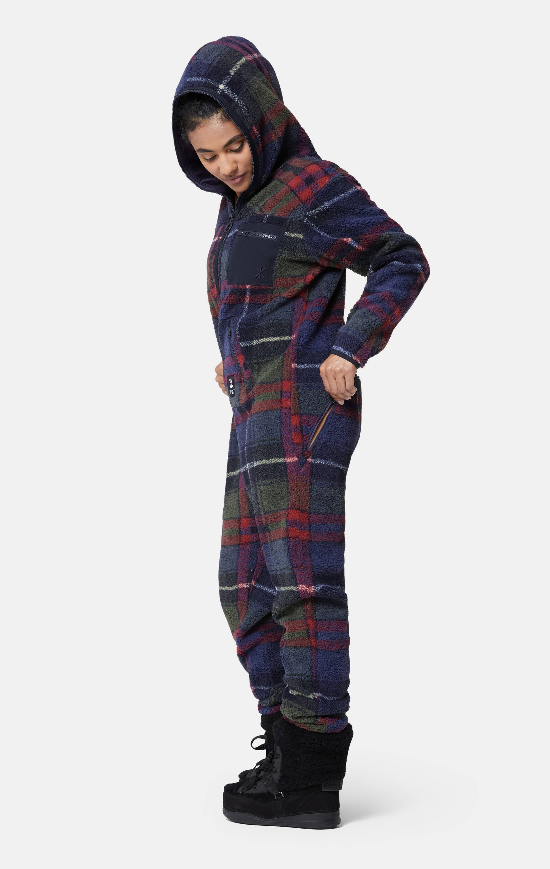 Onepiece Checkered Fleece Jumpsuit Blue - 16