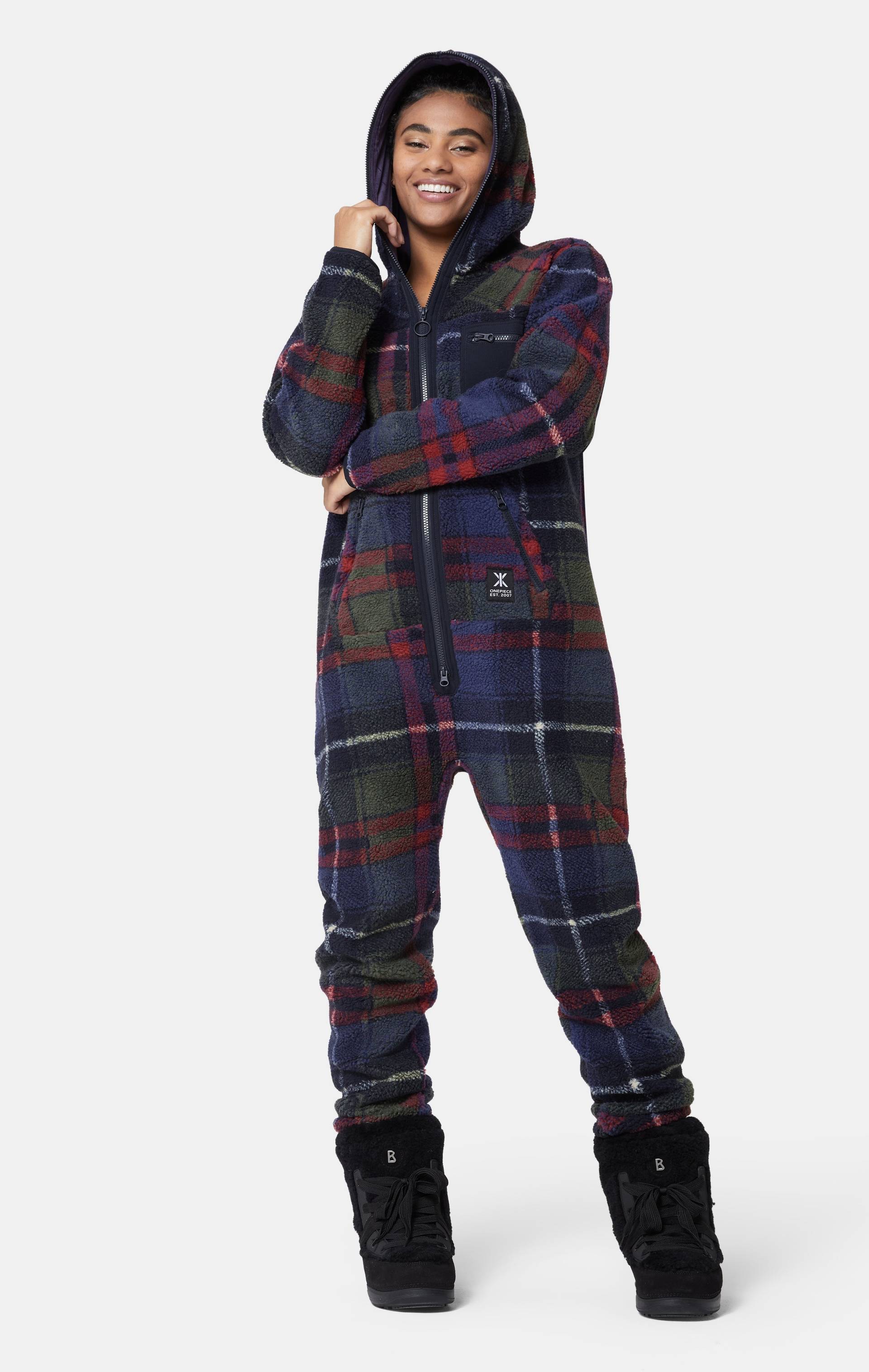 Onepiece Checkered Fleece Jumpsuit Blue - 14