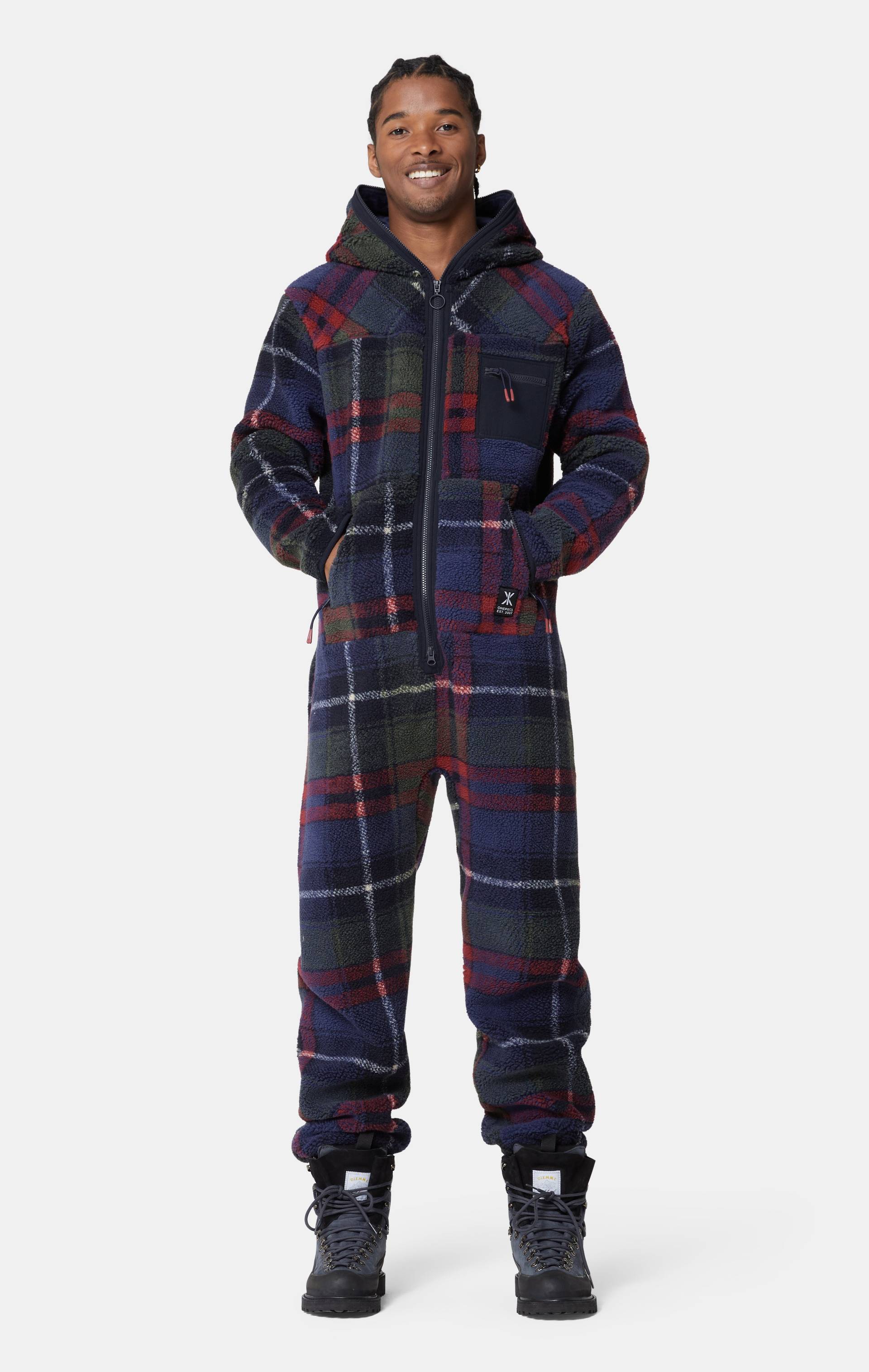 Onepiece Checkered Fleece Jumpsuit Blue - 3