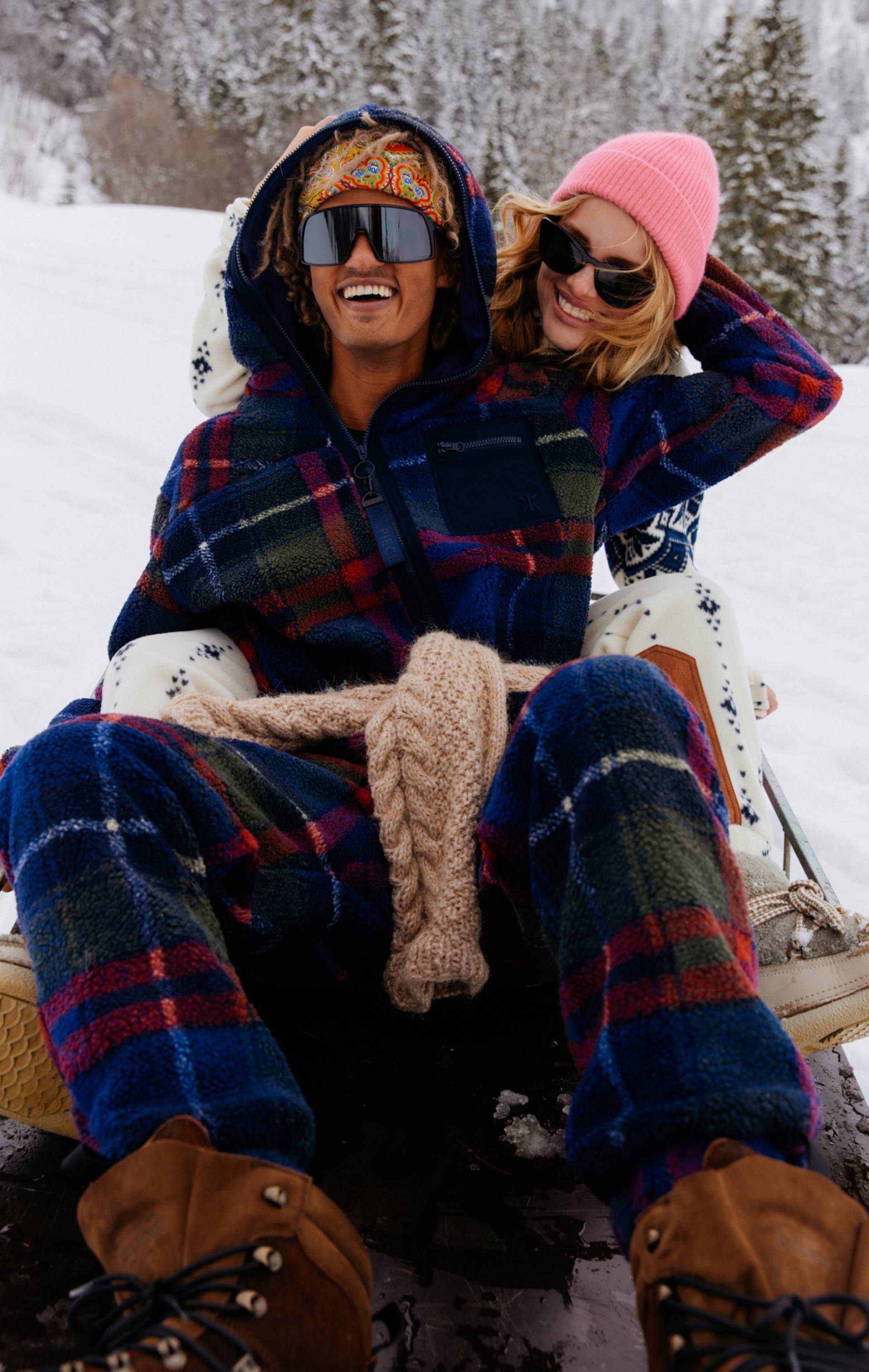 Onepiece Checkered Fleece Jumpsuit Blue - 11