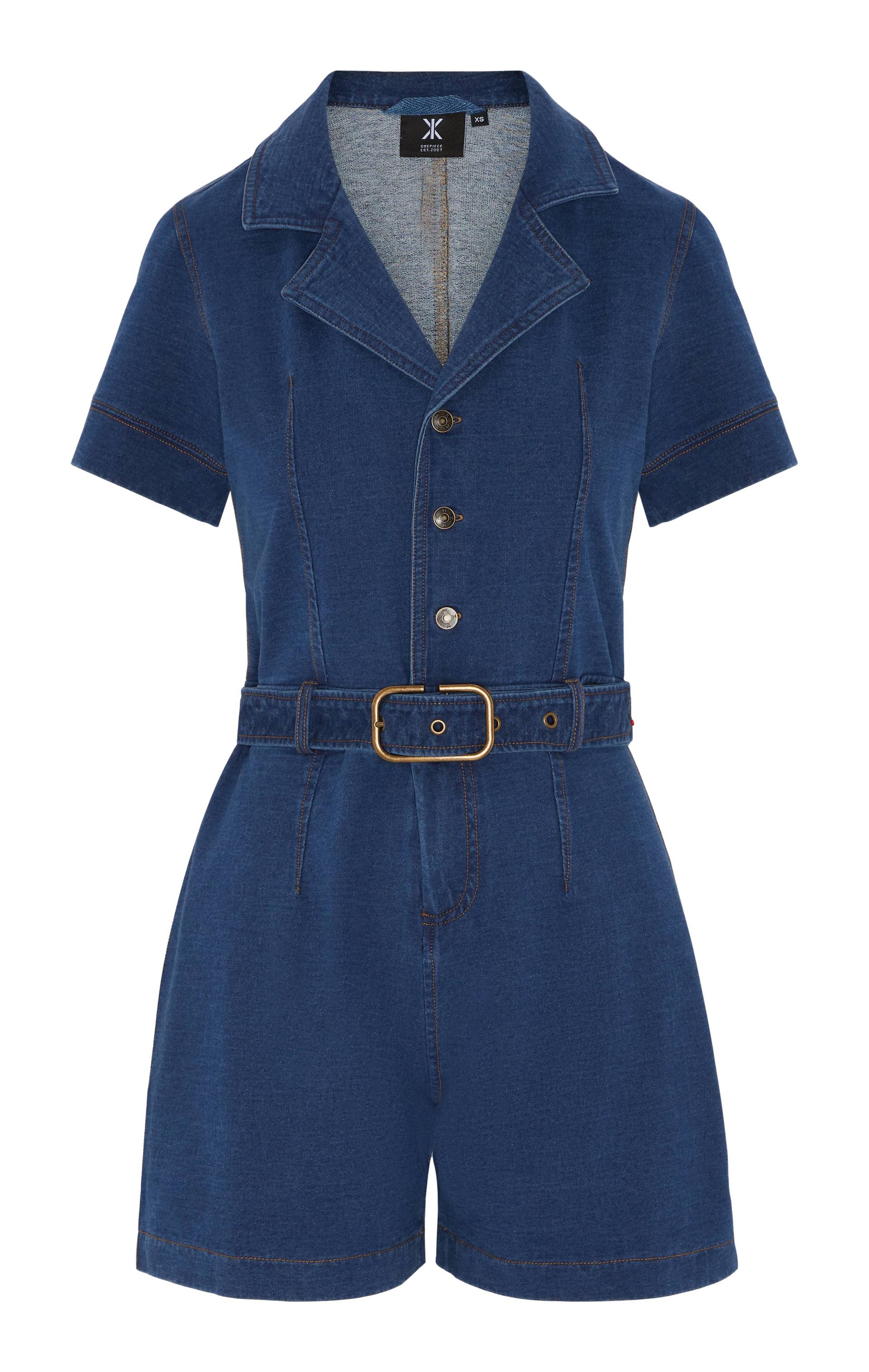 Onepiece Denim Fitted Short Jumpsuit Dark Blue - 1