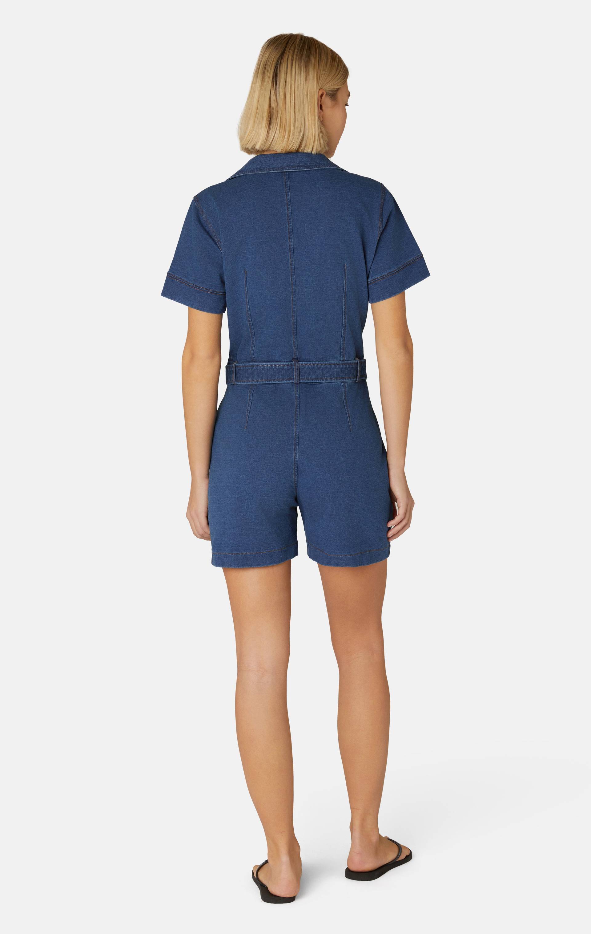Onepiece Denim Fitted Short Jumpsuit Dark Blue - 3