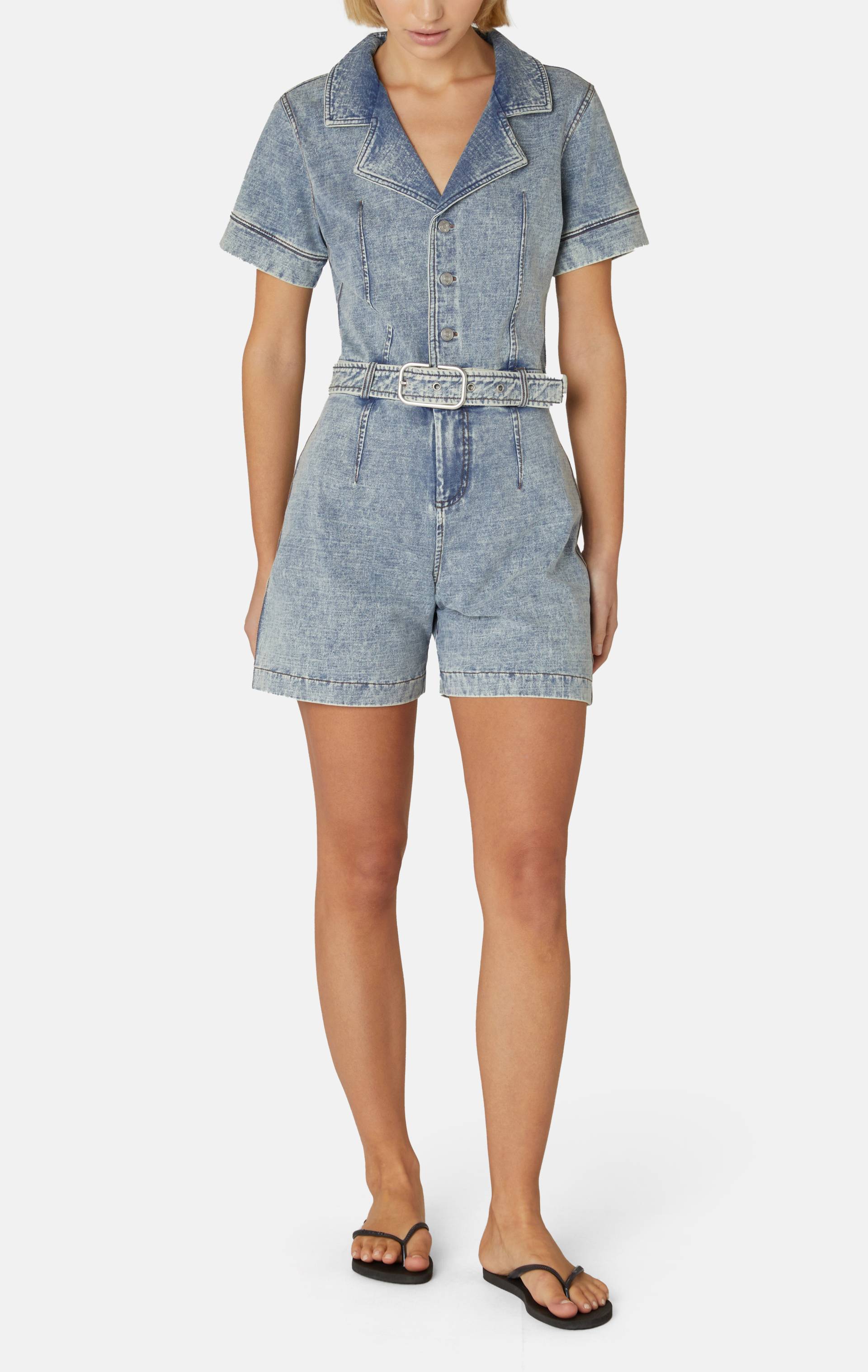Onepiece Denim Fitted Short Jumpsuit Light Blue - 3