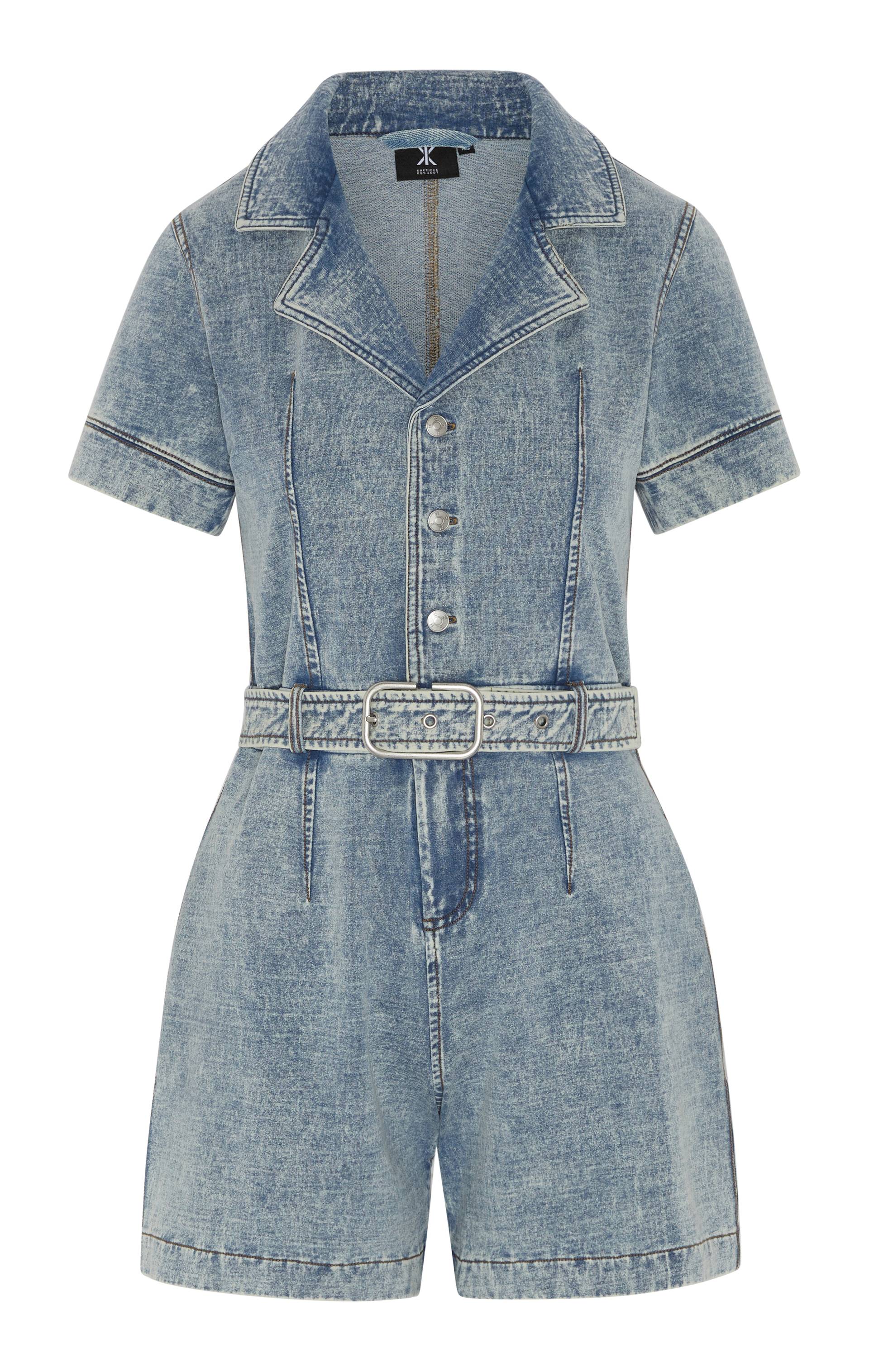 Onepiece Denim Fitted Short Jumpsuit Light Blue - 1