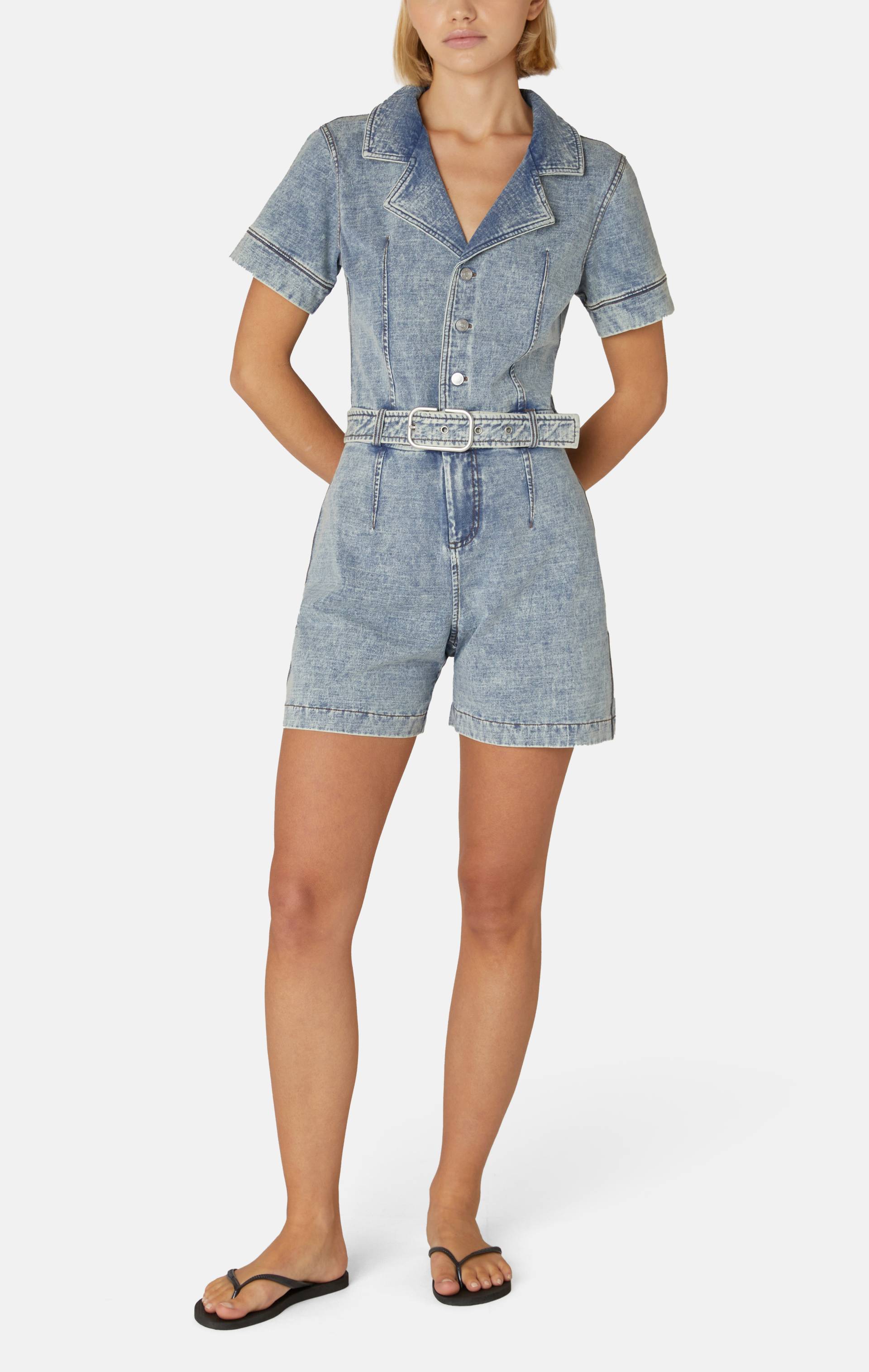 Onepiece Denim Fitted Short Jumpsuit Light Blue - 2