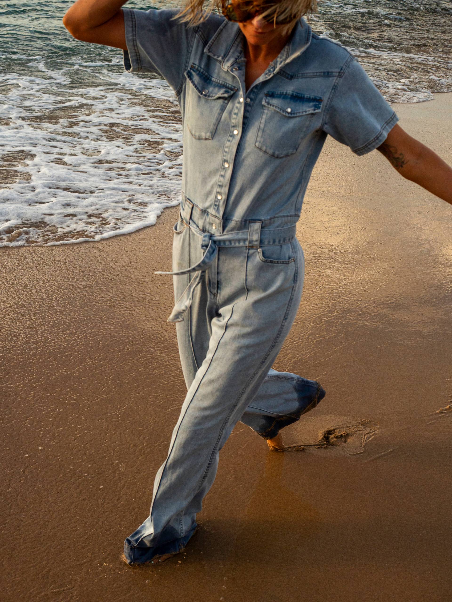 Onepiece Light Chambray Flared Jumpsuit Light Blue - 6