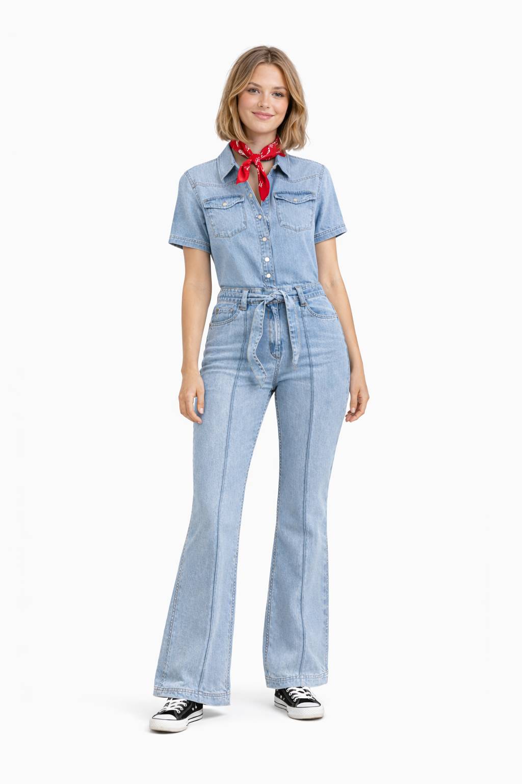 Onepiece Light Chambray Flared Jumpsuit Light Blue - 1