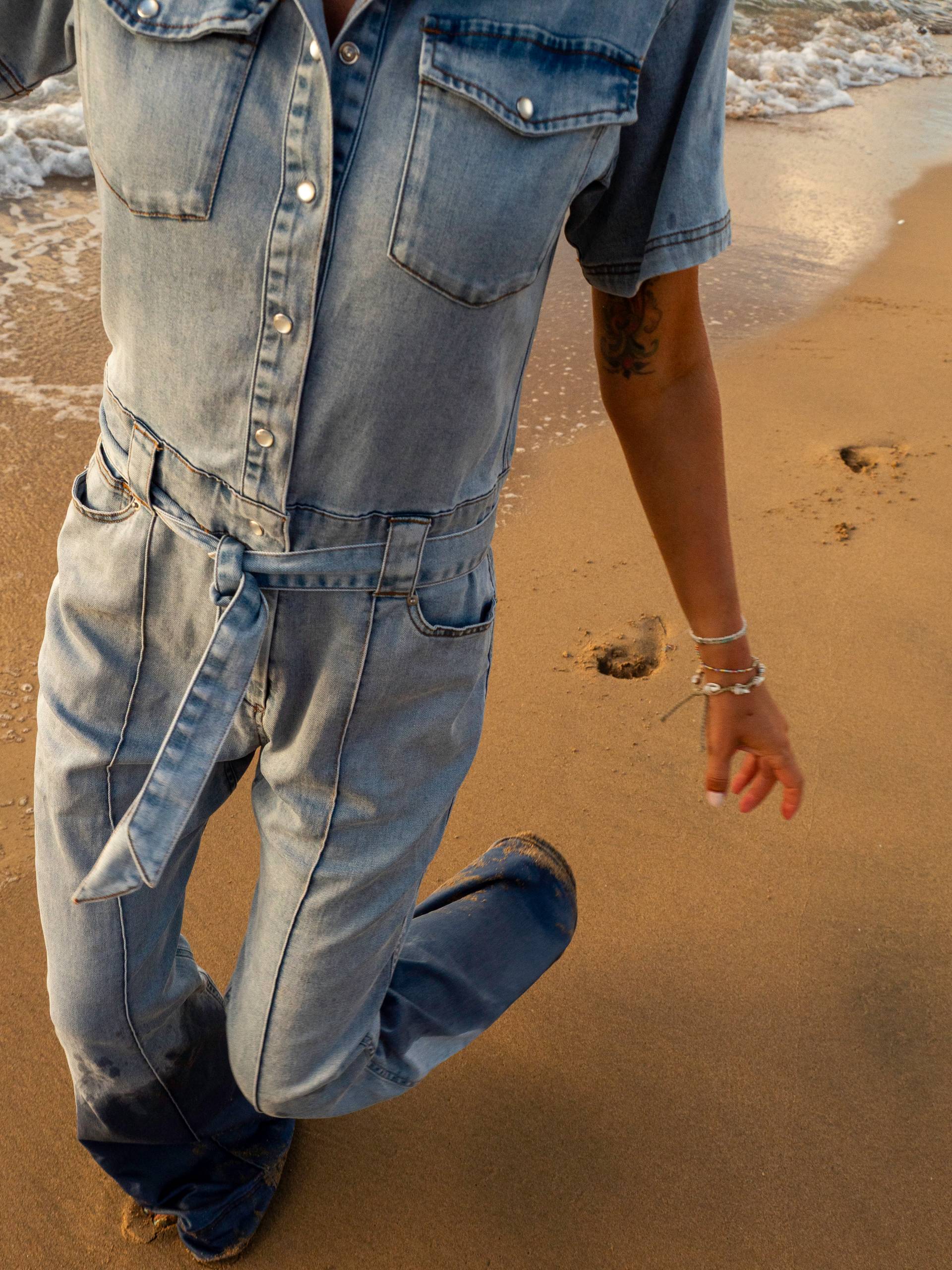 Onepiece Light Chambray Flared Jumpsuit Light Blue - 7